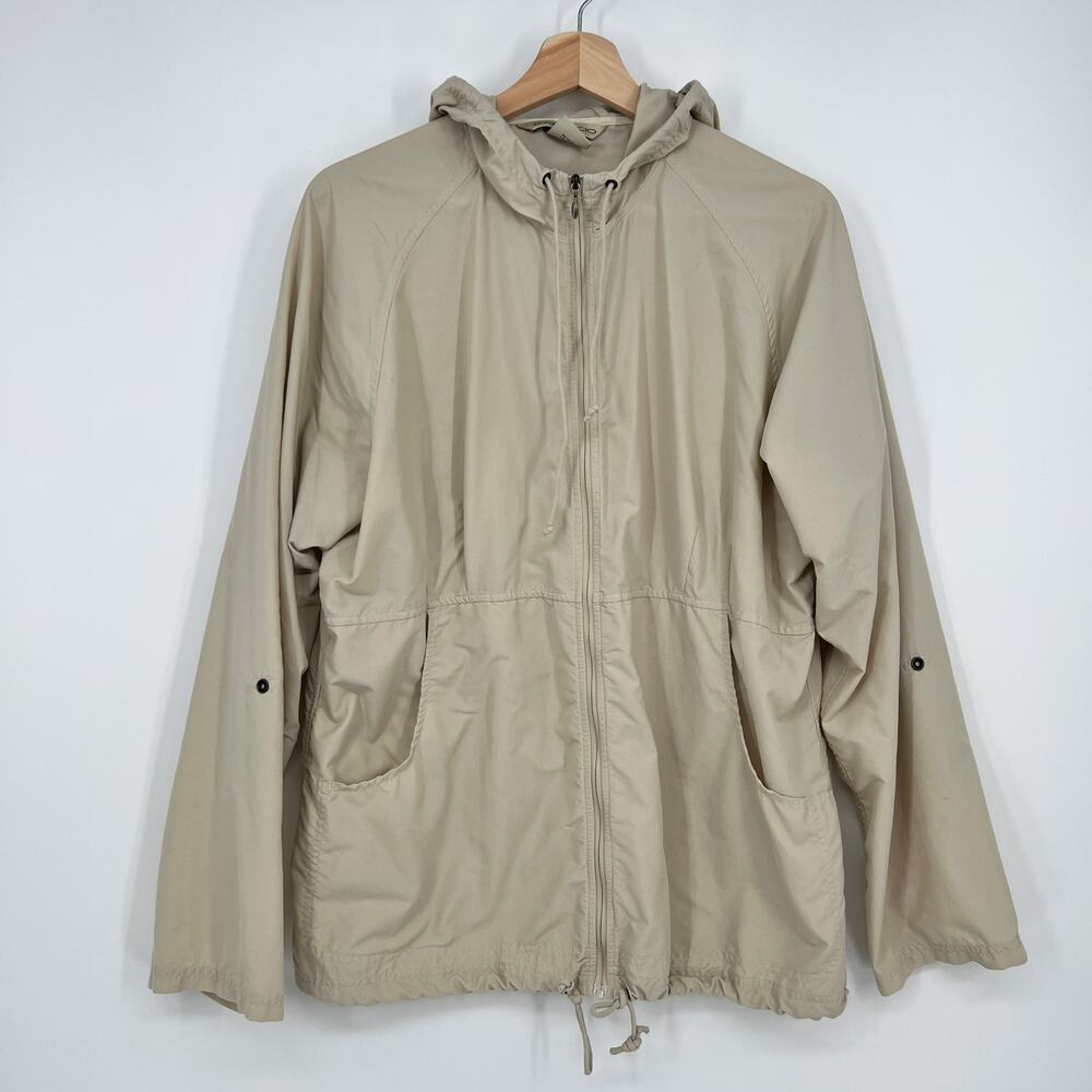 ExOfficio Lightweight Jacket Women L Beige Hooded Windbreaker Nylon Cover Up
